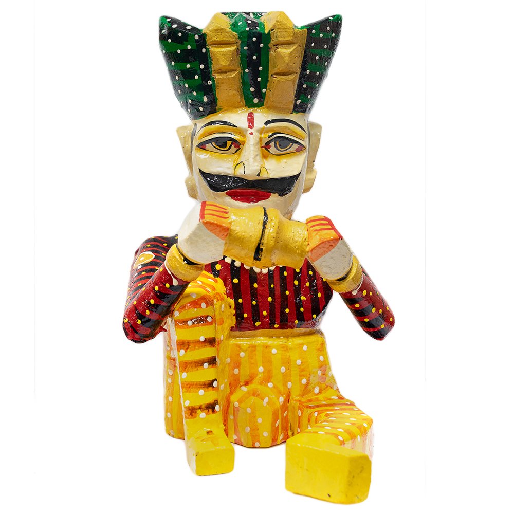 Bhangra figurka ulicznego grajka z drewna mango czerwono-żółty
