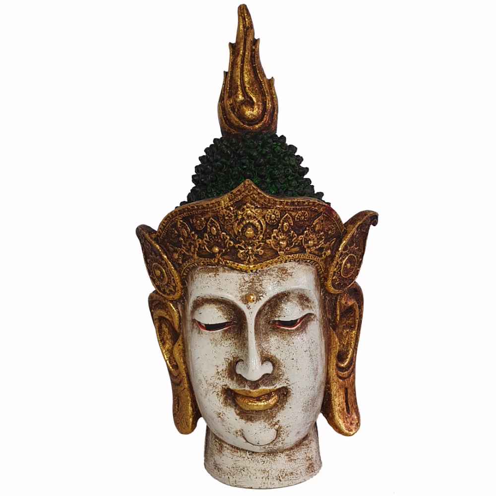 Buddha głowa w koronie Indyjski posążek zielono biały duży